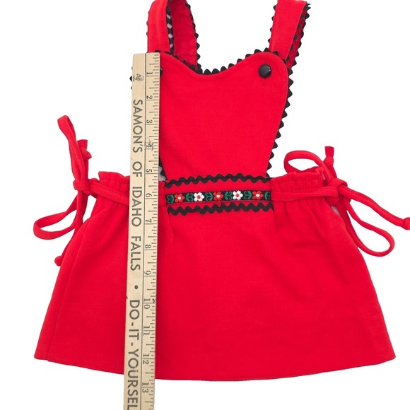 Vintage 70s Carter's Pinafore Jumper Toddler Red Floral Embroidered Size 2T - Picture 6 of 6